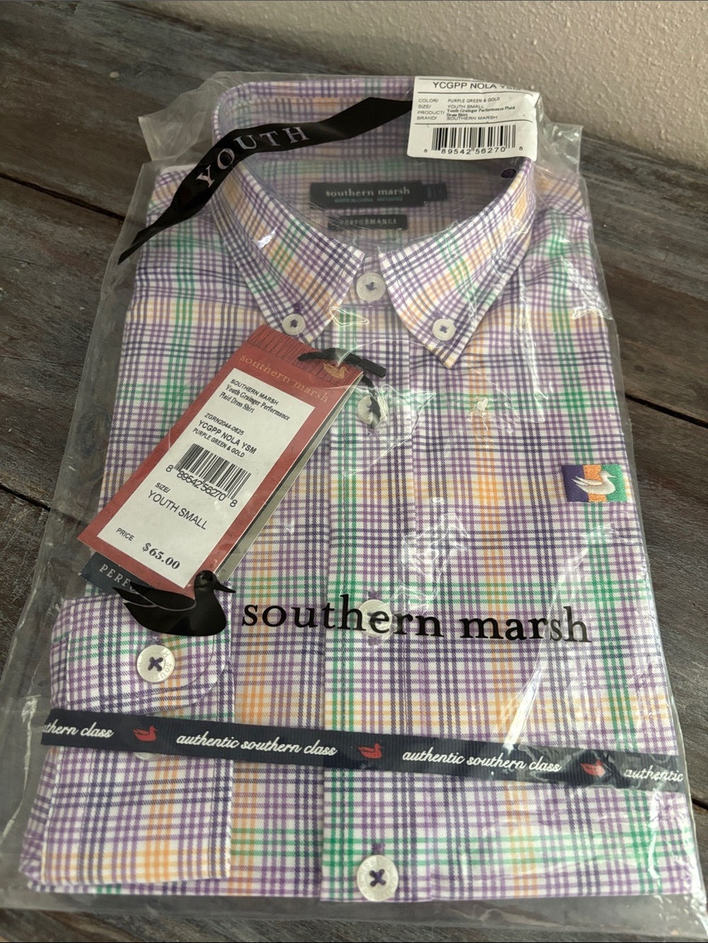 Southern Marsh Boys NWT Youth SMALL Yellow / Green/ Purple Button Down Plaid